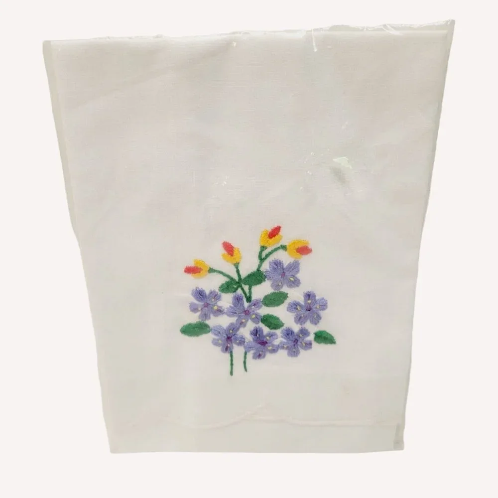 NIP Cotton Hand Made Embroidered Guest Towel Purple Yellow Floral Flowers
